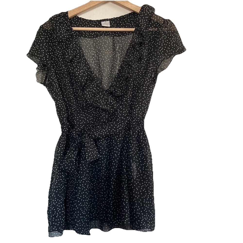 Camaieu Spain Y2K‎ Baby Doll Sheer Top Ruffle Fairy Whimsigoth Black Stars Bow